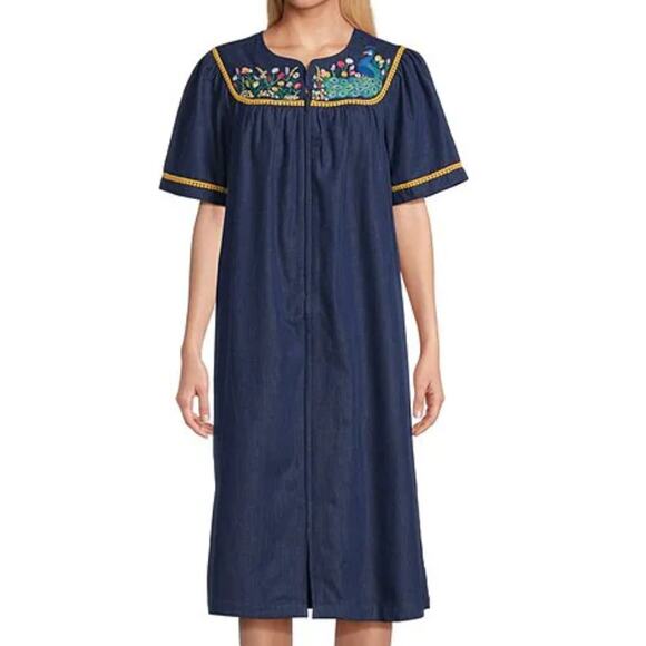 Go Softly Dresses & Skirts - Go Softly Embroidered Peacock Floral Denim Zip Patio Dress | Sz M, Mumu Caftan